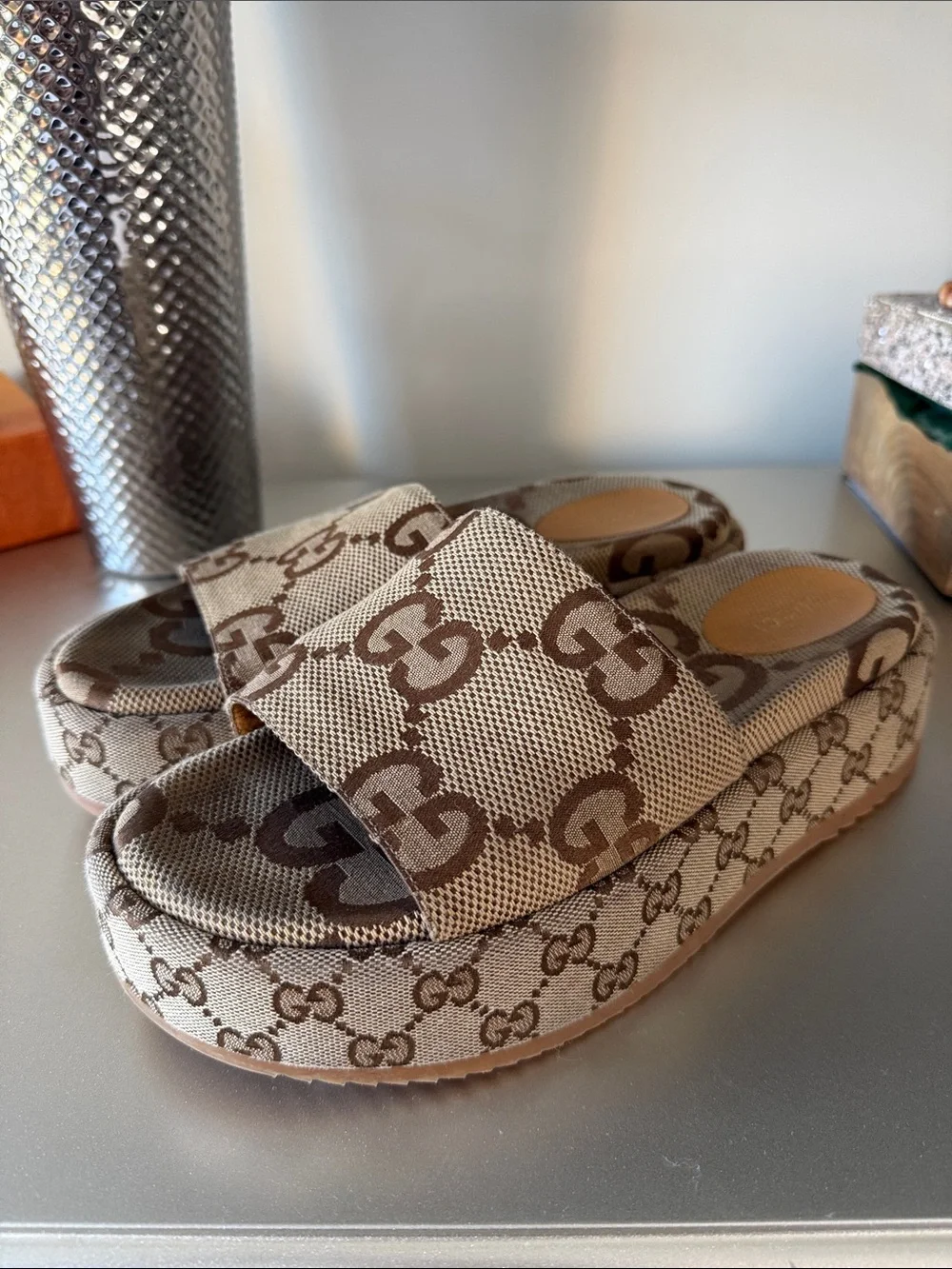Gucci Brown and Beige GG Canvas Platform Slides